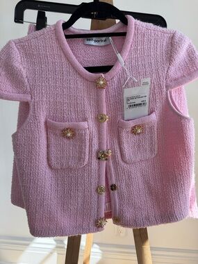 Self-Portrait Soft Pink Tweed Cardigan and Skirt  Set with Jewel Buttons